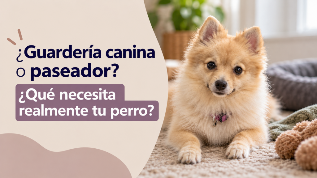 Perro pequeño de pelo esponjoso color crema descansando sobre una alfombra en un ambiente acogedor. Imagen de Patitas Educadas para el artículo «¿Guardería canina o paseador? ¿Qué necesita realmente tu perro?»